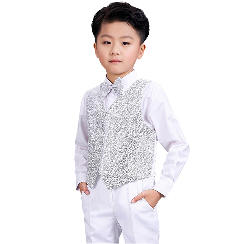 Lolanta 4Pcs Toddler Boys Tuxedo Suit White Silver Formal Attire Set Birthday Wedding Party Outfit for Kids Piano Performance