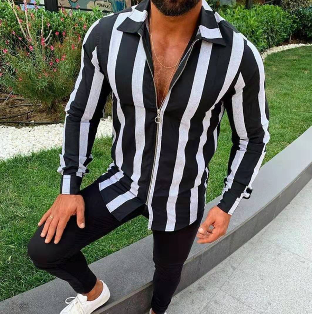 Stribede skjorter herre lange ærmer lynlåse turn-down krave streetwear fitness overtøj chic herre skjorte s -5xl: Sort / Xxl