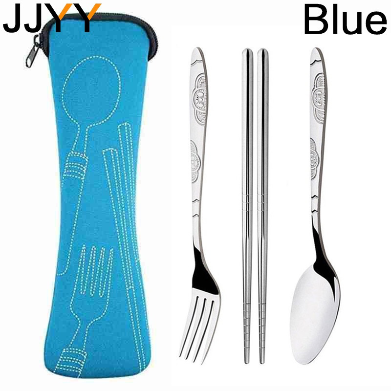 JJYY-Juego de vajilla portátil, cuchillos impresos, tenedor, cuchara, acero inoxidable, familia, Camping, carne, cubiertos, vajilla con bolsa, 4 Uds./3 uds.: Verde