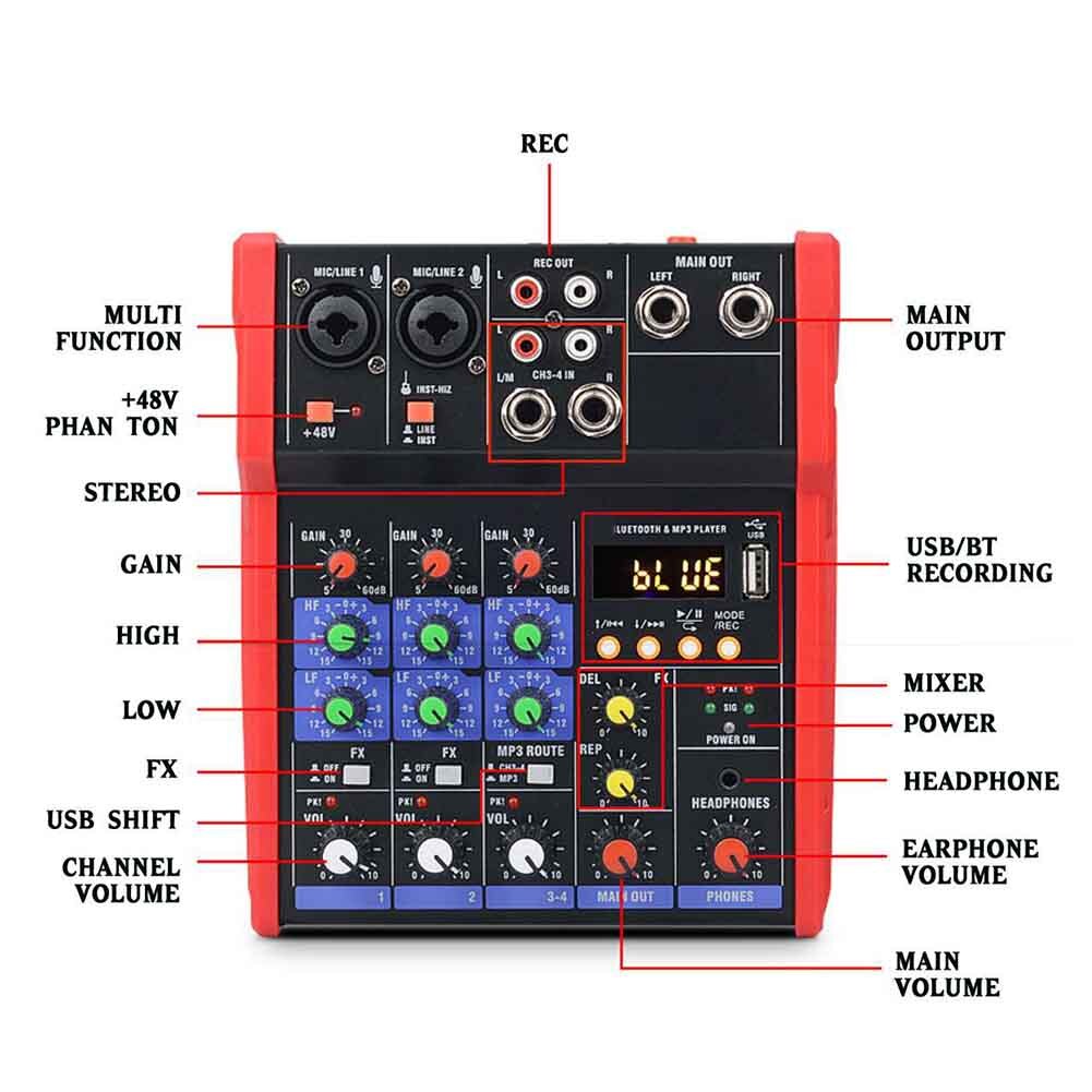 4 canais karaoke música estúdio de palco bluetooth mini misturador de áudio usb 5v dj console placa de som ao vivo desempenho estéreo protable