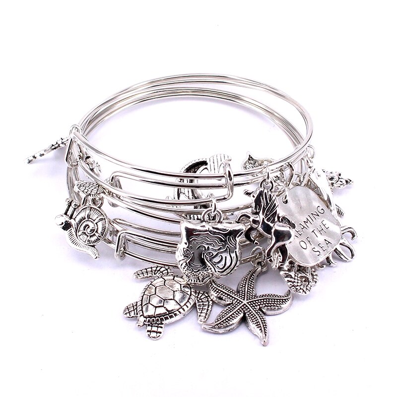 5pcs Bangle Set Wire Bracelets for Women Girls Jewllery Mixed Marine Life Starfish Dolphin Turtle Charm Bracelets C039: Silver Plated