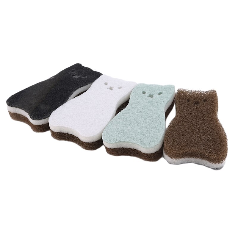 Éponge de nettoyage 3 couches en forme de chat mignon, 4 pièces, absorbe l'eau, lave-vaisselle, forte rouille, fournitures de nettoyage de cuisine: Default Title