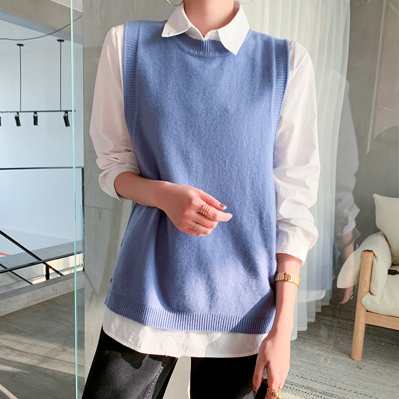 Lhzsyy - chaleco de cuello redondo para mujer, de lana pura, holgado, para exteriores, de punto, sin mangas, de cachemira, para primavera y otoño