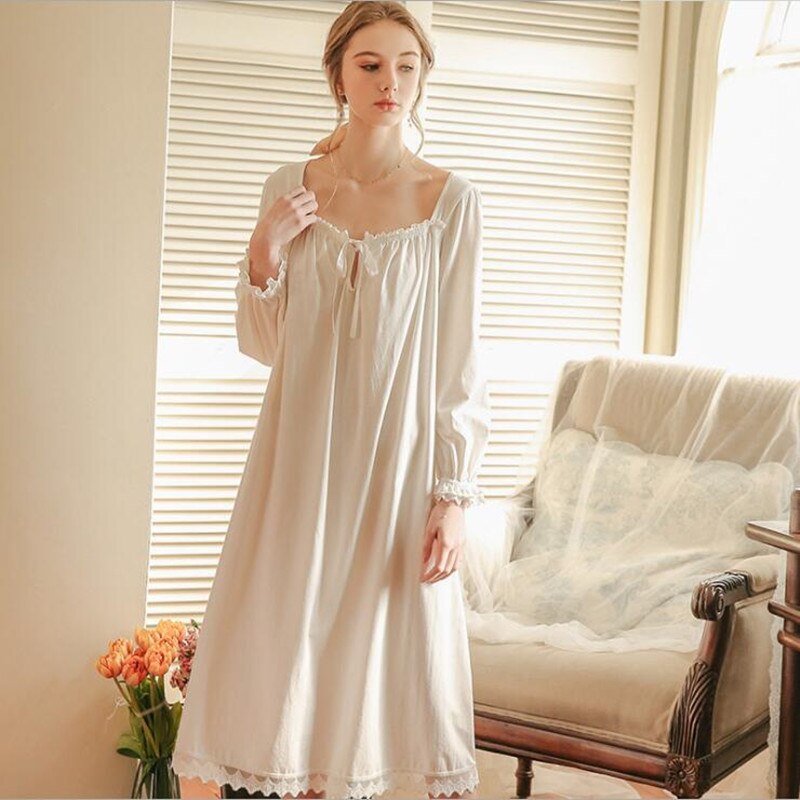 Women White Nightgown Sleepwear Lady Spring Autumn Long Sleeve Nightdress Loose Princess Nightgowns Comfortable Pure Cotton