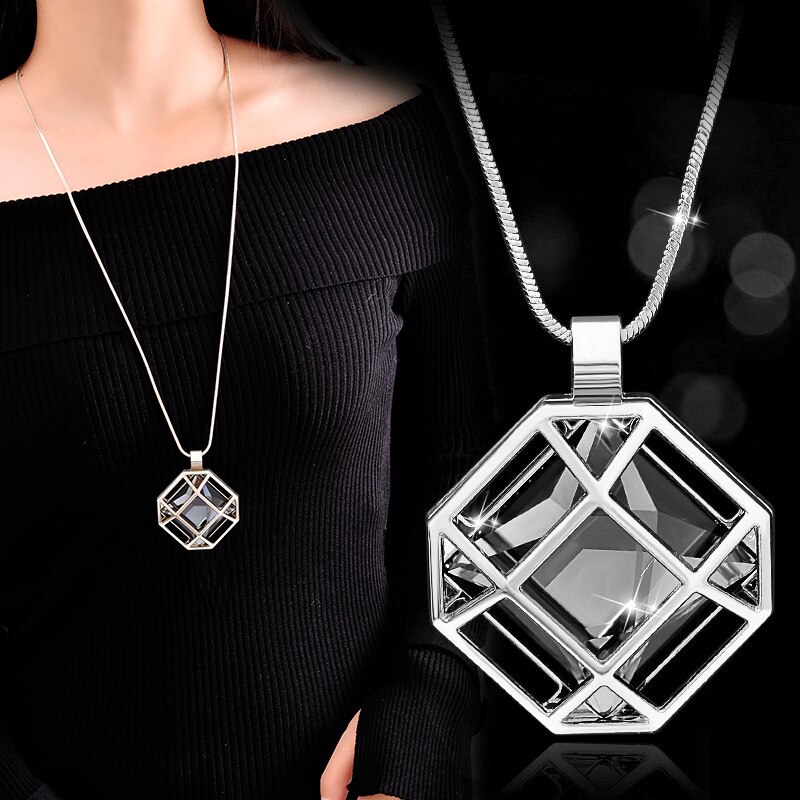 Lange halskæder og vedhæng geometrisk krystal statement halskæde til kvinder collier femme perle choker smykker: Antik forsølvet