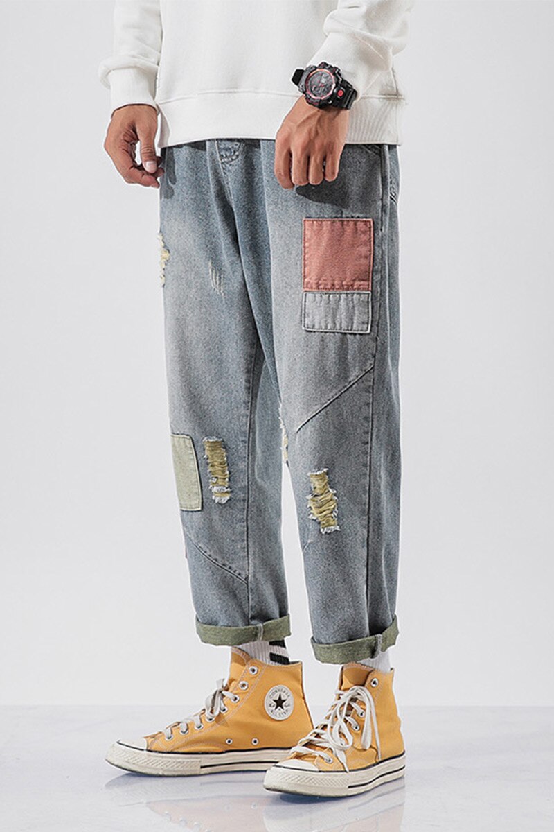 Iidossan japansk harajuku lige denim herre jeans regelmæssigt patchwork elastisk talje streetwear bukser mænd