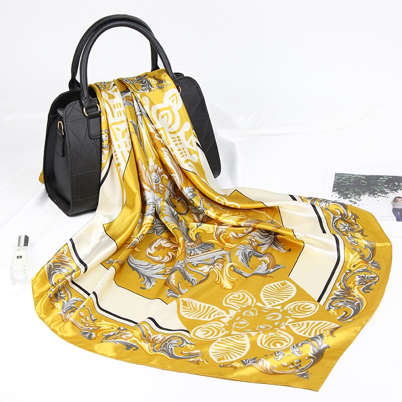 Silkeskjerf kvinner svart blomstertrykk luksusmerke foulard bandana 90*90cm firkantede sjal og omslag sateng hodehårskjerf