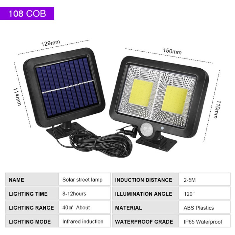 Pir bevægelsessensor outdooe gadelys solpanel strøm 30w 600lm cob 120/100 led vandtæt sollys væg have solcellelamper: Cob 108 lysdioder