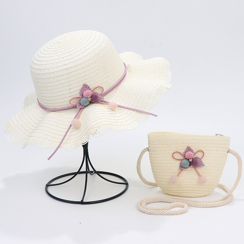 Zomer Reis Stro Hoed Voor Meisjes Prinses Kids Kind Geweven Rand Bloemen Zonnehoed En Tas Sets Voor Outdoor: 2pc set white