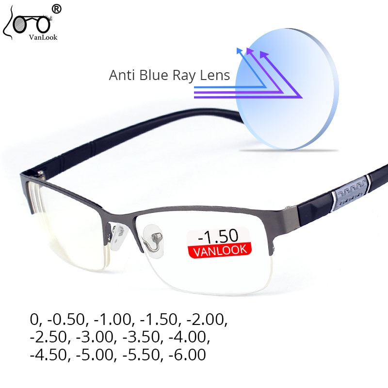 Gafas para miopía para hombre, lentes antirayos azules para ordenador, medio marco 0-0,50-1,0-1,50-2,00-2,50-4,00-4,50-5,00-5,50-6,00