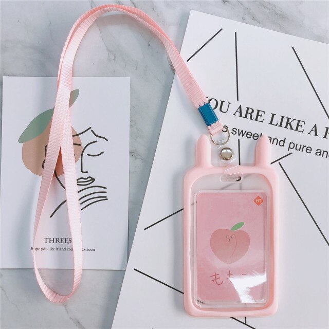 Credit Card Id Houder Leuke Cartoon Siliconen Bus Card Case Sleutelhouder Ring Bagagelabel Trinket Werk Kaarten Cover Met lanyard: Pink