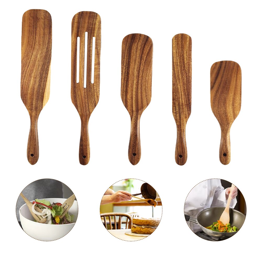 5pcs Tool Cooking Utensil Heat Resistant Slotted Turner Wooden Spurtle Set Home Stirring Serving Mixing Non Stick Kitchen