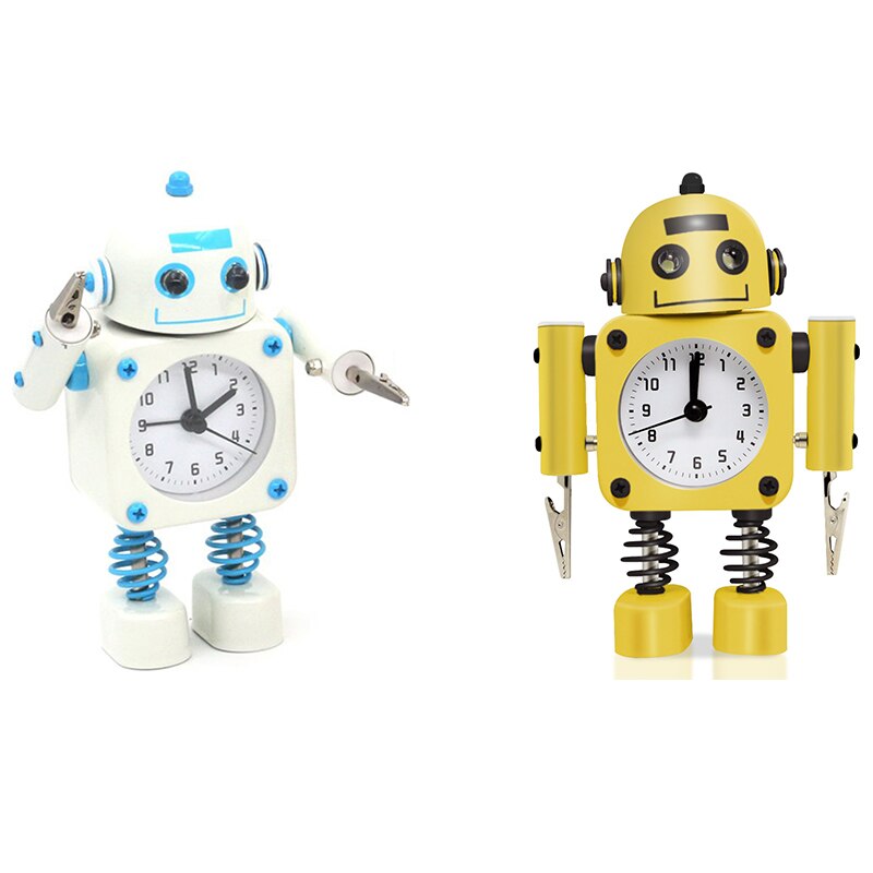 Non-Ticking Robot Alarm Clock Stainless Metal - Wake-Up Clock with Flashing Eye Lights and Hand Clip Blue
