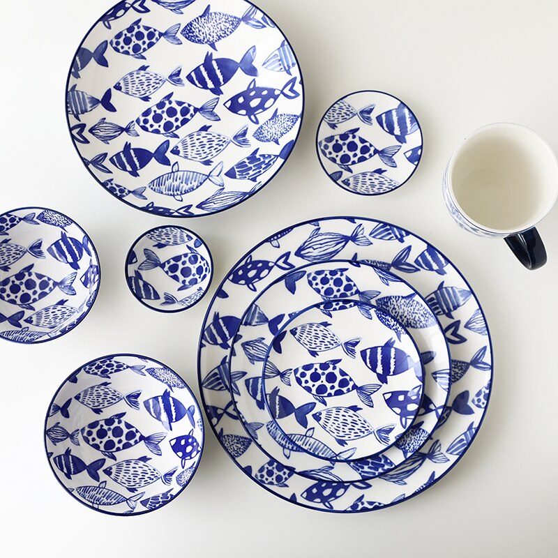 Serie con marino azul, vajilla con bajo vidriado de peces de la Marina, plato occidental, juego de cuencos de arroz de cerámica