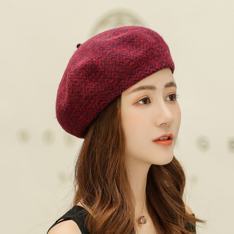 Wollen Wave Patroon Dame Baret Winter Baret Kasjmier Vrouwen Baret Herfst Winter Hoeden Caps: wine red