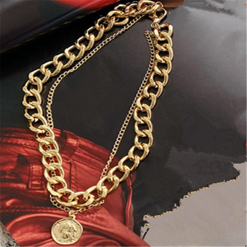 Retro Portrait Exaggerated Thick Chain Necklace Double Layer Cool Chain Hip Hop Necklace Short Clavicle Chain: golden