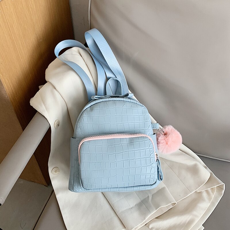 Stone Patroon Pu Lederen Rugzakken Voor Vrouwen Vrouwelijke Kleine Rugzak Met Haar Bal Lady Back Pack Voor School Tieners meisjes: blue