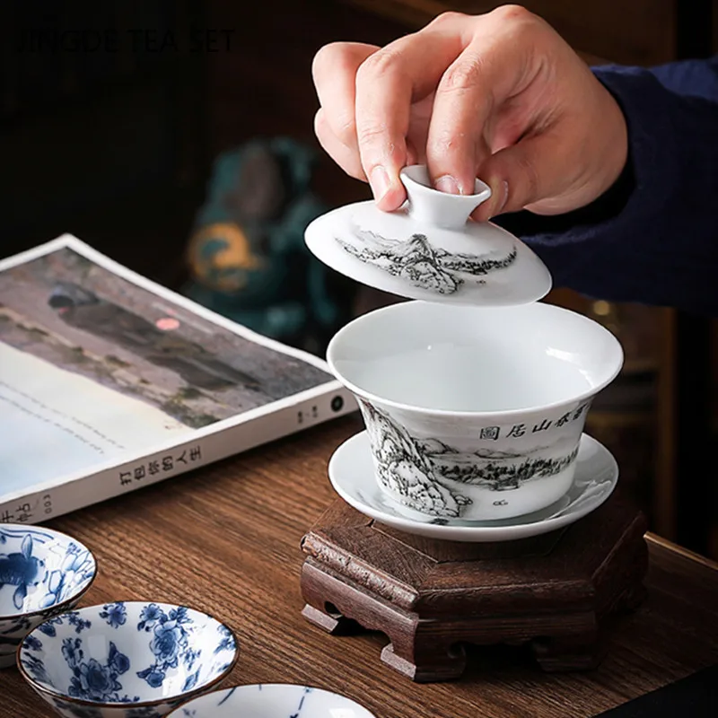 Chinese Blue and White Porcelain Gaiwan Portable Travel Tea Bowl Home Ceramic Teacup Handmade Teaware Personal Single Cup 140ml