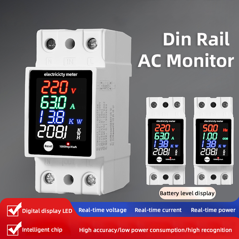 Digital Energy Meter Din Rail Electricity Usage Monitor AC30-400V Voltmeter Ammeter Watt Kwh Frequency Power Meter