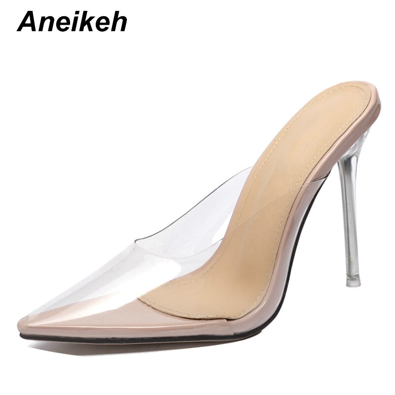 Aneikeh kortfattad pvc kvinna genomskinliga sandaler tunna höga klackar skor spetsig tå slingback pumpar slip på solid
