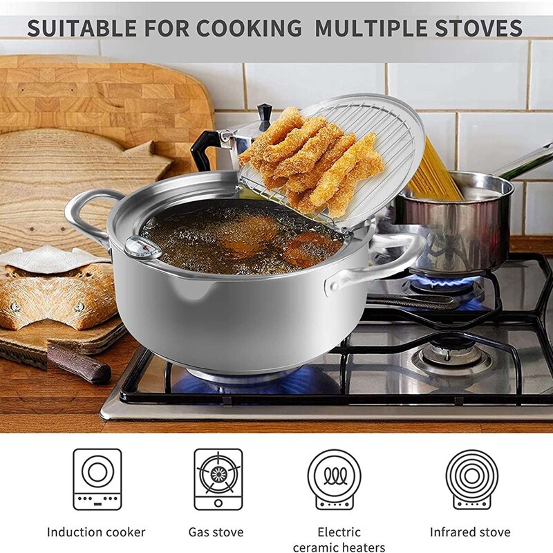 Frittieren Topf, Edelstahl Tempura Friteuse Mit Thermometer, Deckel Japanischen Stil Tempura Friteuse Pan Unbeschichtete Friteuse
