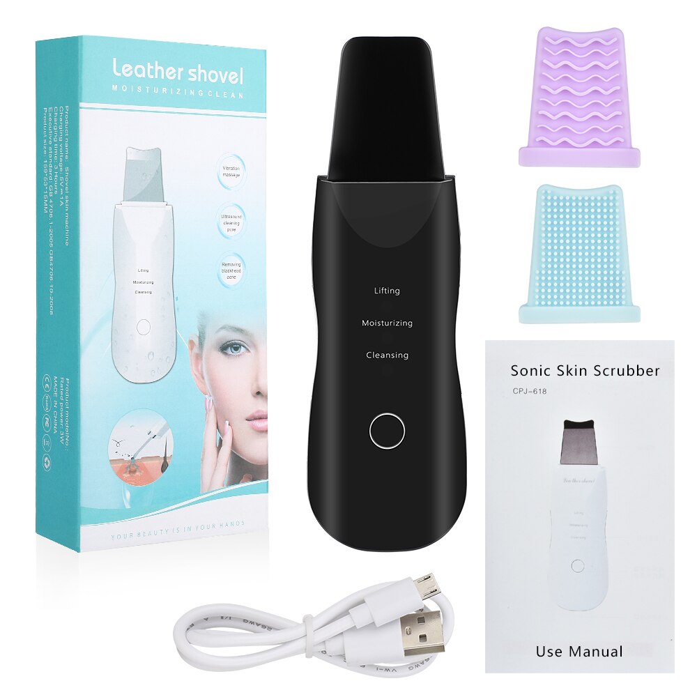 Ultrasonic Scrubber Deep Cleansing Face Scrubber Facial Cleansing Shovel Exfoliating Skin Scraper Peeling Beauty Instrument: Simple package Black