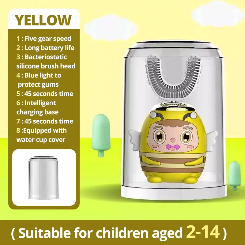 Kids Elektrische Tandenborstel Kinderen Automatische Oplaadbare 360 Graden Tandenborstel Ultrasone Zachte Siliconen Met Beschermhoes: Yellow