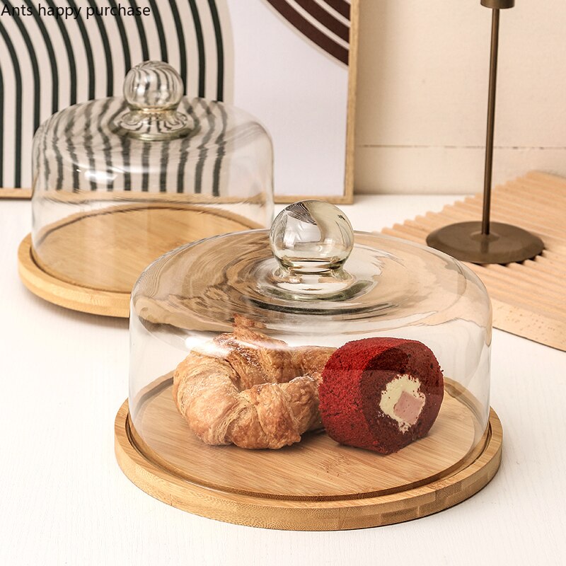 Wooden Cake Tray Glass Cover Rotatable Cake Stand Dessert Plate Bread Dim Sum Plate Cake Pan Snack Trays Decorative Display Tray