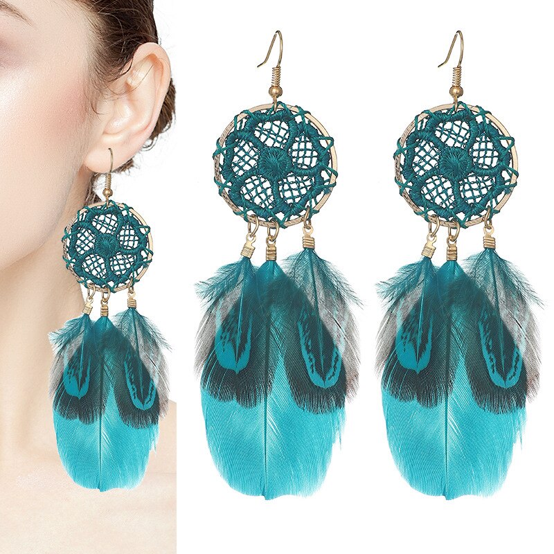 Bohemian Woven Dream Catcher Feather Dangle Earrings for Woman Trendy Boho Long Tassel Earring Wedding Jewelry: E1439-Blue