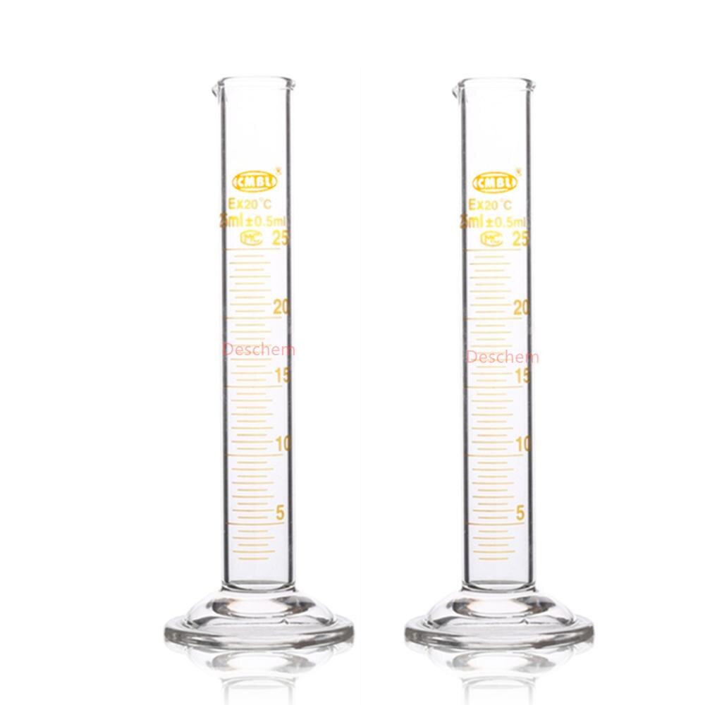2Pcs 25ml Glass Measuring Cylinder With Graduation Spout Mouth Chemistry Labware