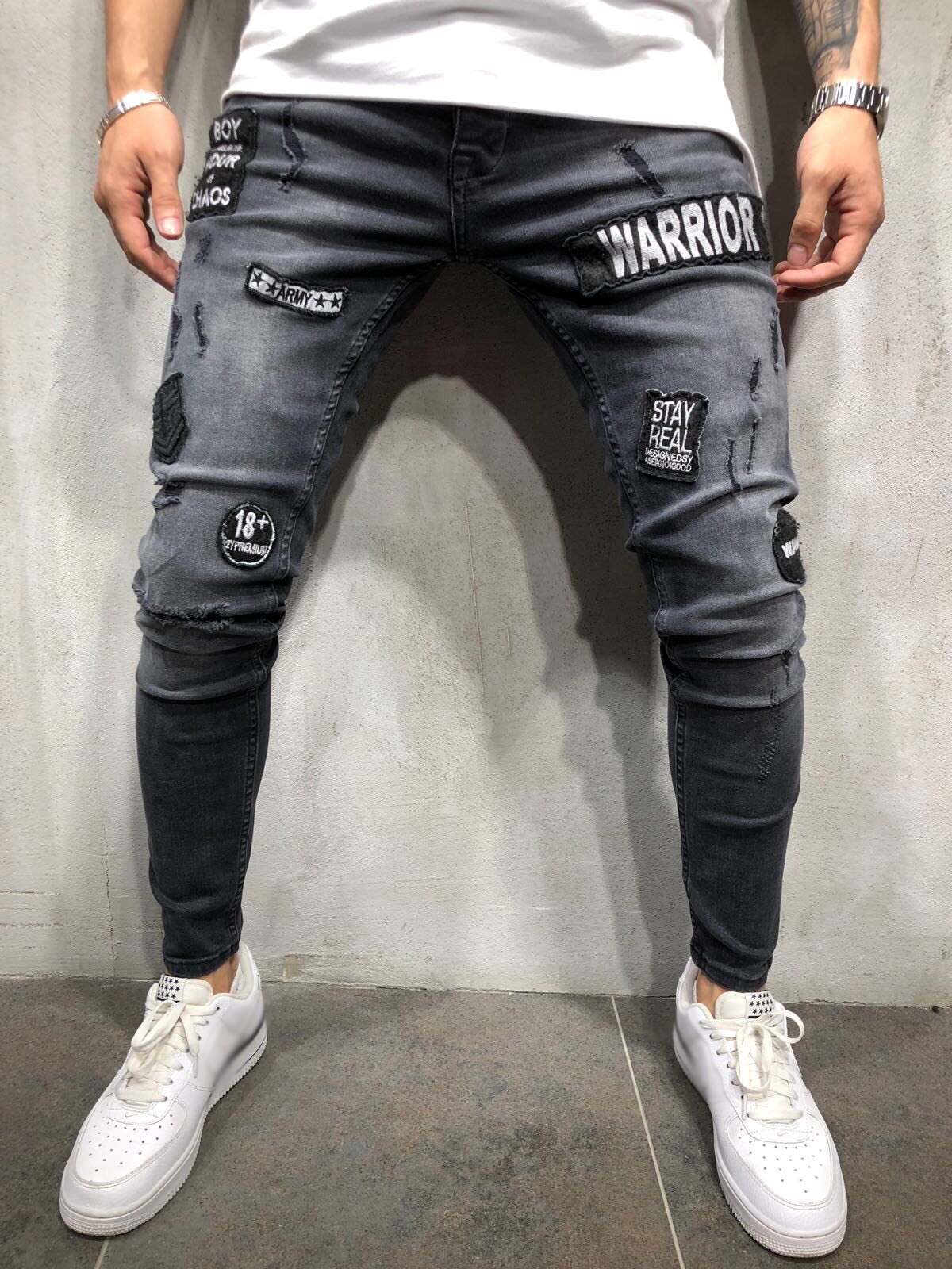 Skinny Gat Ripped Denim Jeans Voor Mannen Hip Hop Slim Fit Streetwear Patchwork Badge Verontruste Zwart Potlood Broek