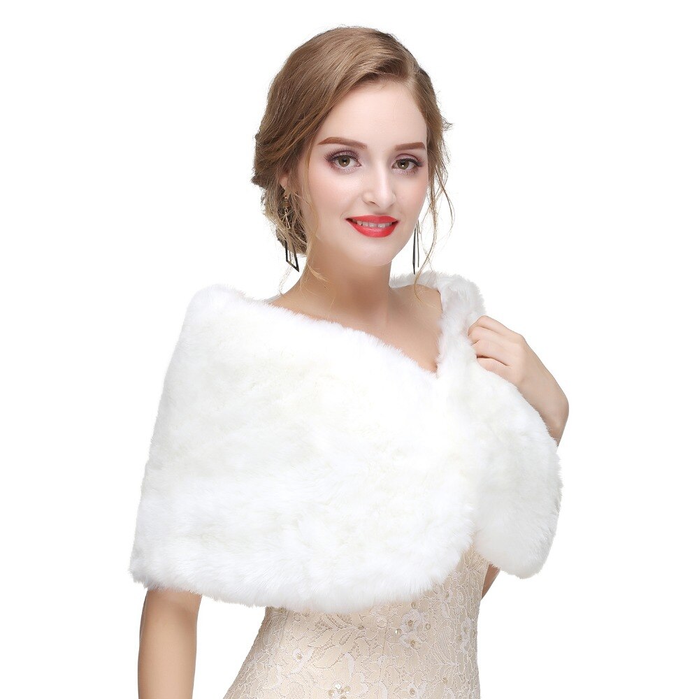 JaneVini Bridal Fur Warp Faux Fur Wedding Shawl Winter Warm Cloak Short Cape for Bride Evening Dress Bolero Mariee