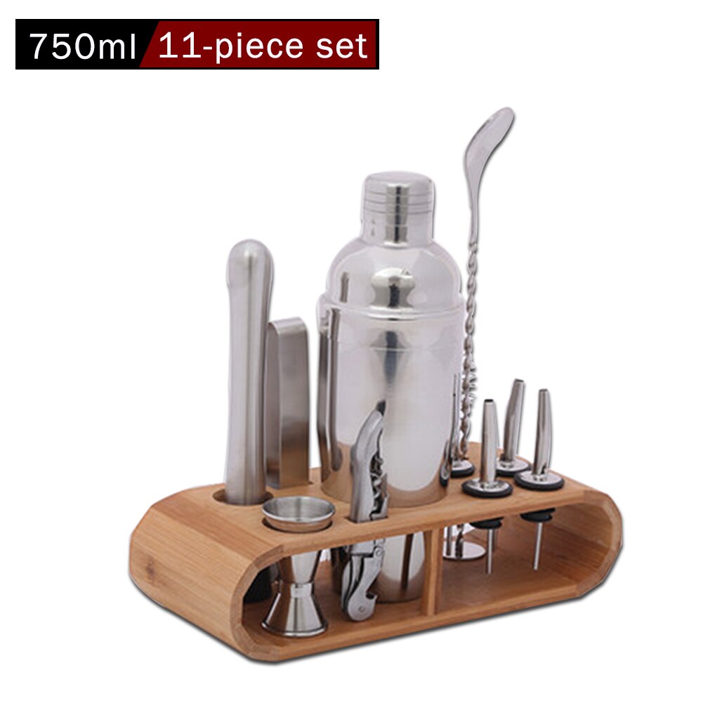 750 ml/550 ml Roestvrij Bar Cocktail Shaker Bar Shaker Set W/Houten Rek Rvs Cocktail Shaker: Default Title