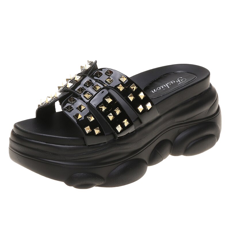 Tongs femmes pantoufles Super talons hauts plate-forme chaussures confortables compensées chaussures de plage Rivet sandales été chaussures grosses femmes: Black / 6.5