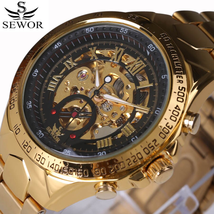 Sewor Top Horloge Mannen Zwarte Sport Horloges Roestvrij Staal Automatische Mechanische Horloges Mannen Skelet Horloge Reloj Hombre: Goud