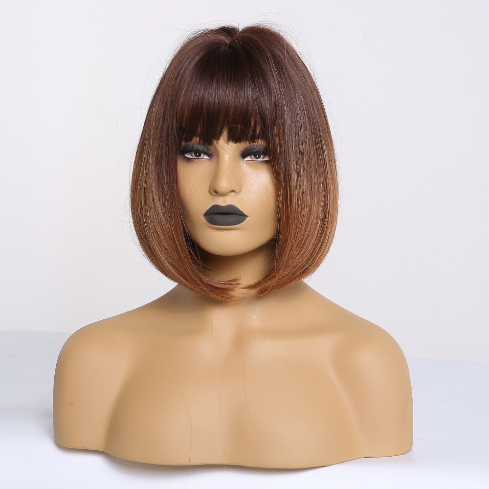 Alan Eaton Rechte Donkerbruin Blonde Ombre Synthetische Pruiken Met Pony Voor Vrouwen Korte Bob Pruik Hittebestendige Lolita Cosplay pruiken