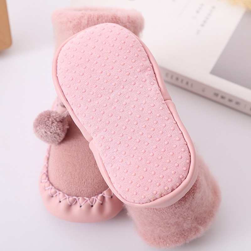 Winter Thicken Baby Socks Cute Pompom Balls Boys Girls Soft Rubber Soles Anti-Slip Children Floor Socks Toddler Shoes