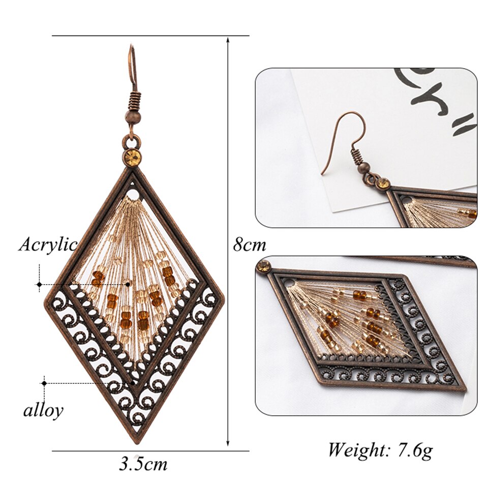 Retro India Boho Ethnic Geometric Thread Dangle Earrings with Beads for Women Female Wedding Party Jewelry Accessories