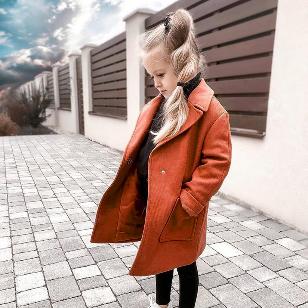 Novas meninas jaqueta longa manga longa casaco de lã inverno cores sólidas bolso casaco à prova de vento quente outwear jaqueta crianças meninas roupas