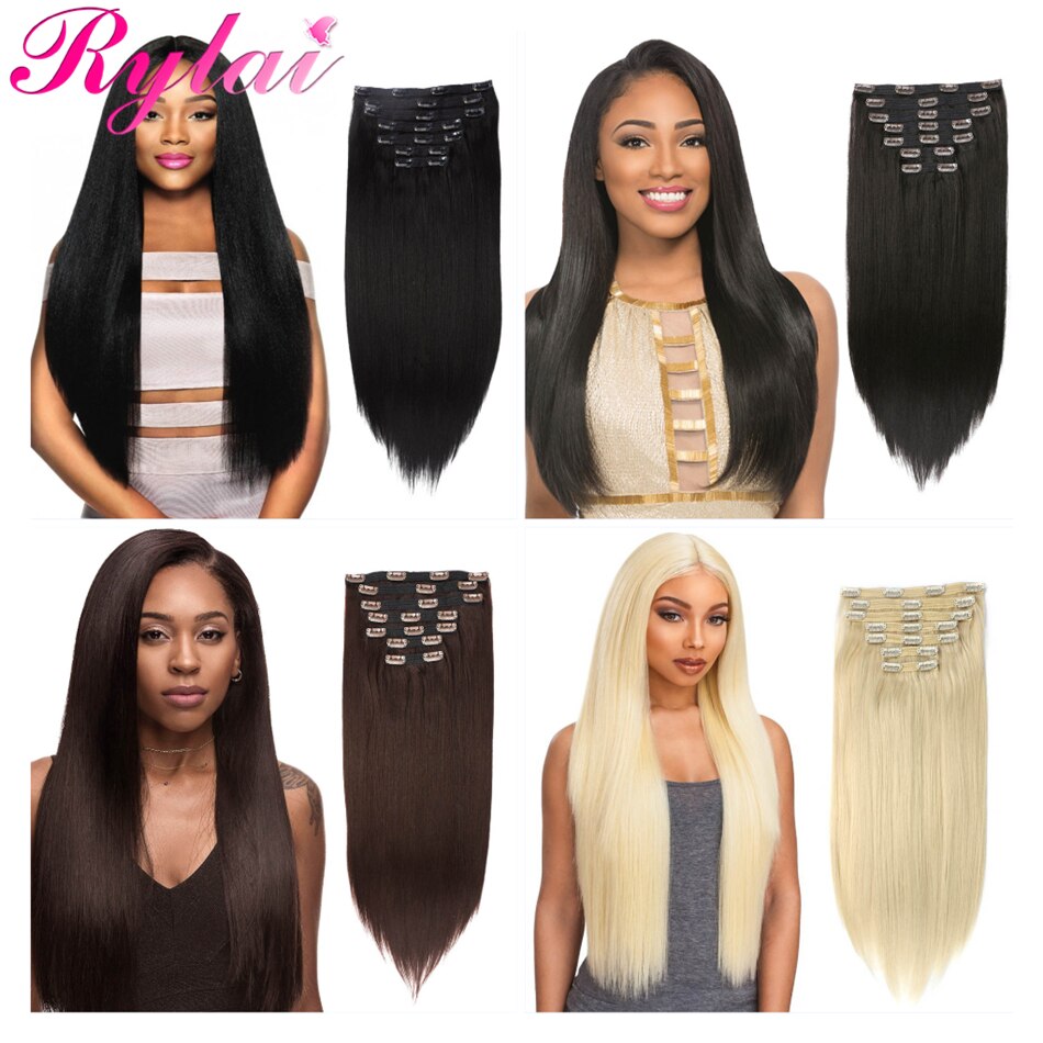 Long Kinky Curly Straight Clip In Hair Extensions Deep Natural Wave 140G 7Pcs/Lot Full Head Clip On Synthetic Hair By RYLAI