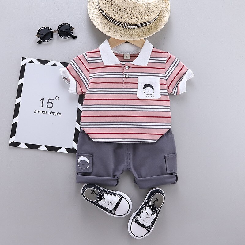 Ienens Baby Korte Mouwen Kleding Sets Kids Gestreepte Polo-Shirt + Shorts Outfits Suits Peuter Infant Jongens Casual Zomer kleding: Pink / 3-4T