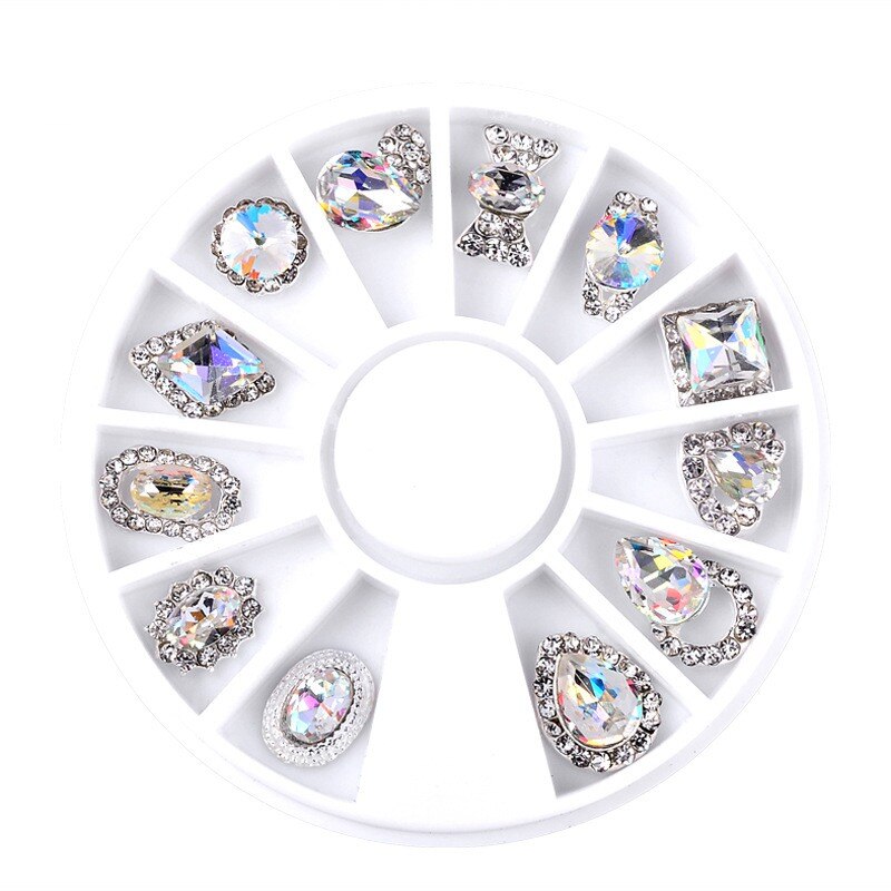 12 Stuks Legering Glas 3d Nail Art Decorations Rhinestones Sieraden Charms Wiel Glitter Nagels Accessoires Levert Gereedschap
