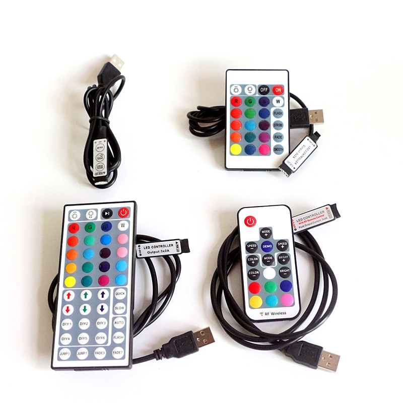 Usb rgb led controller  dc5v dimmer mini 3 key 24 key  ir 17 key rf trådlös fjärrkontroll för  dc5v rgb led strip tape belysning