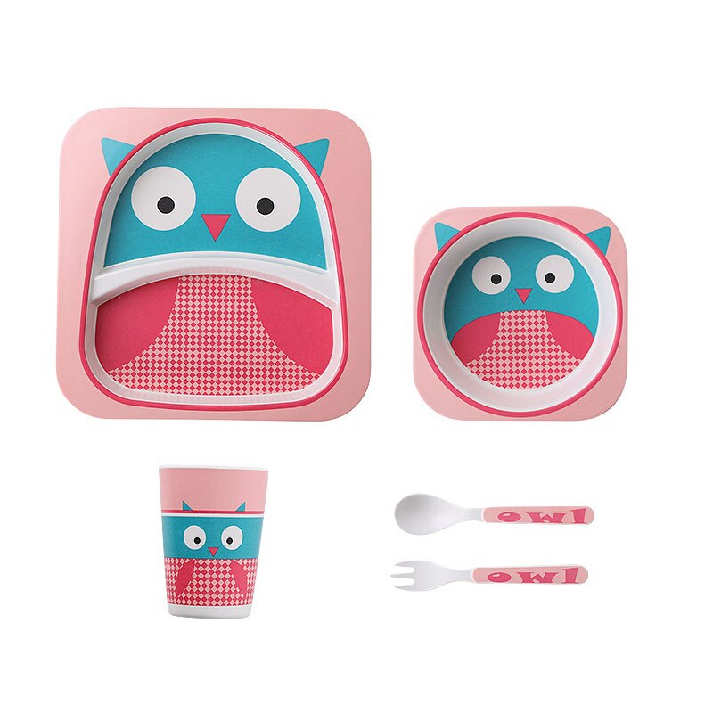 5pcs/set Animal Zoo Baby Plate Bow Cup Forks Dinnerware Feeding Set 100% Bamboo Fiber Baby Children Tableware Set: owl