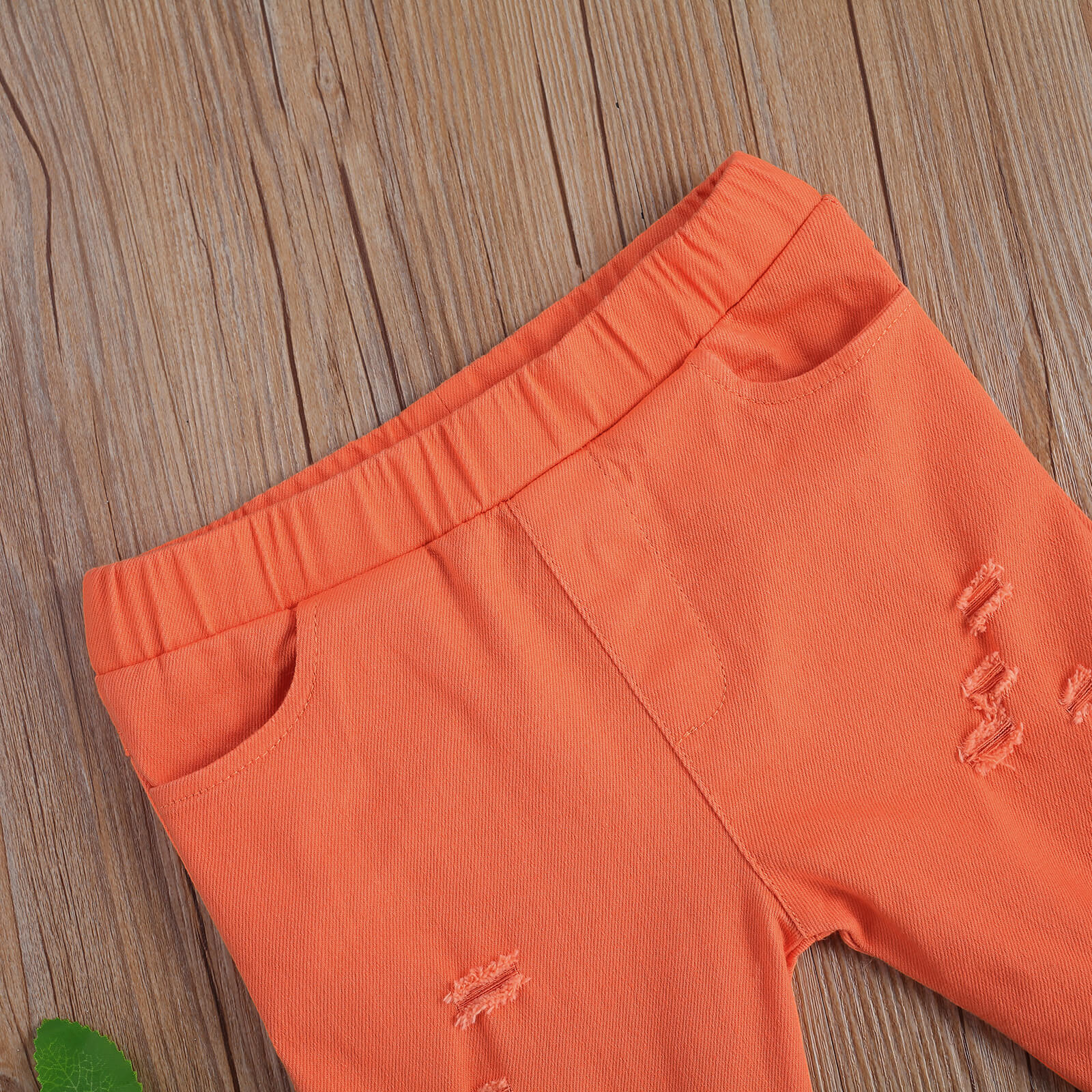 Meisjes Casual Lange Broek, Effen Kleur Elastische Taille Uitlopende Broek Met Zakken En Gebroken Gaten, Rood/Oranje