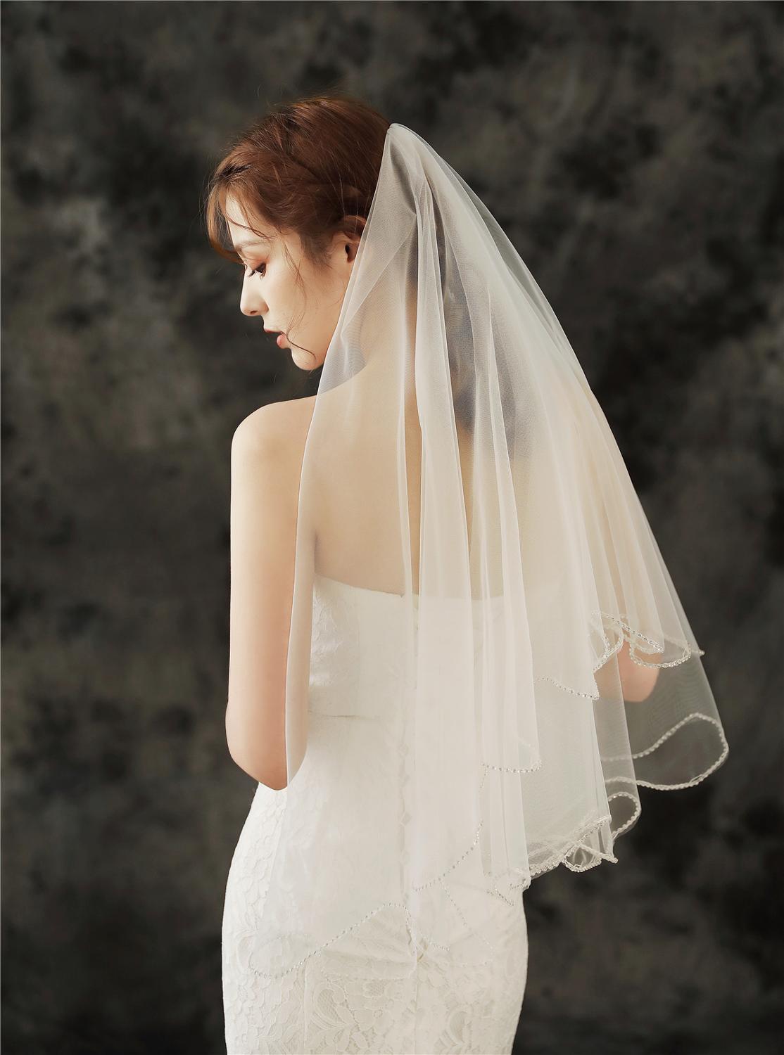 One Layers White Ivory Wedding Veils with Comb Crystals Bridal Veils Short Wedding Accessories for Bride Velo De Novia