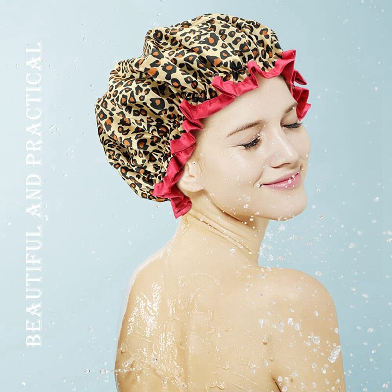 4Pcs Double-Layer Waterproof Shower Cap, Ladies Shower Cap, Elastic and Reusable Shower Cap