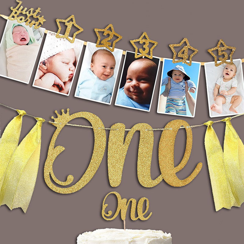 Newest 1set 0-12 Month Baby Photo Banner With Clip Baby Shower Gold Banner 1st Birthday Party Decorations Cartoon Hat