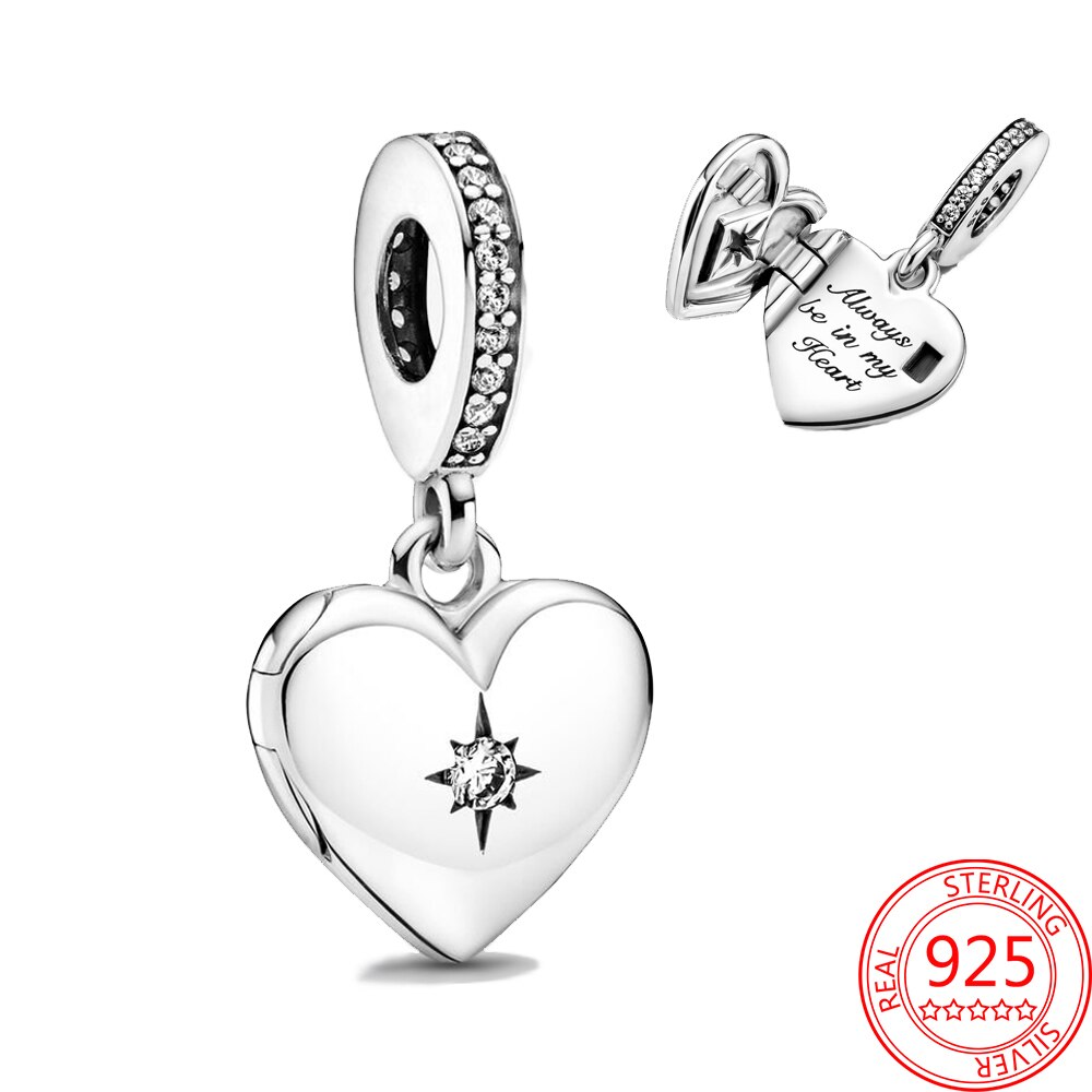 Real 925 Sterling Silver Openable Heart Locket Dangle Charm Fit Brand Bracelet Women's Wedding Party Silver Jewelry