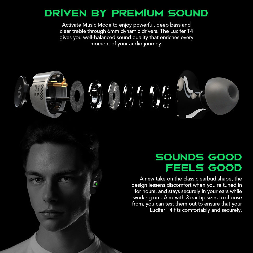 Black Shark-auriculares inalámbricos T4 para videojuegos, por Bluetooth 5,2, con sonido de de estudio, Lucifer T4